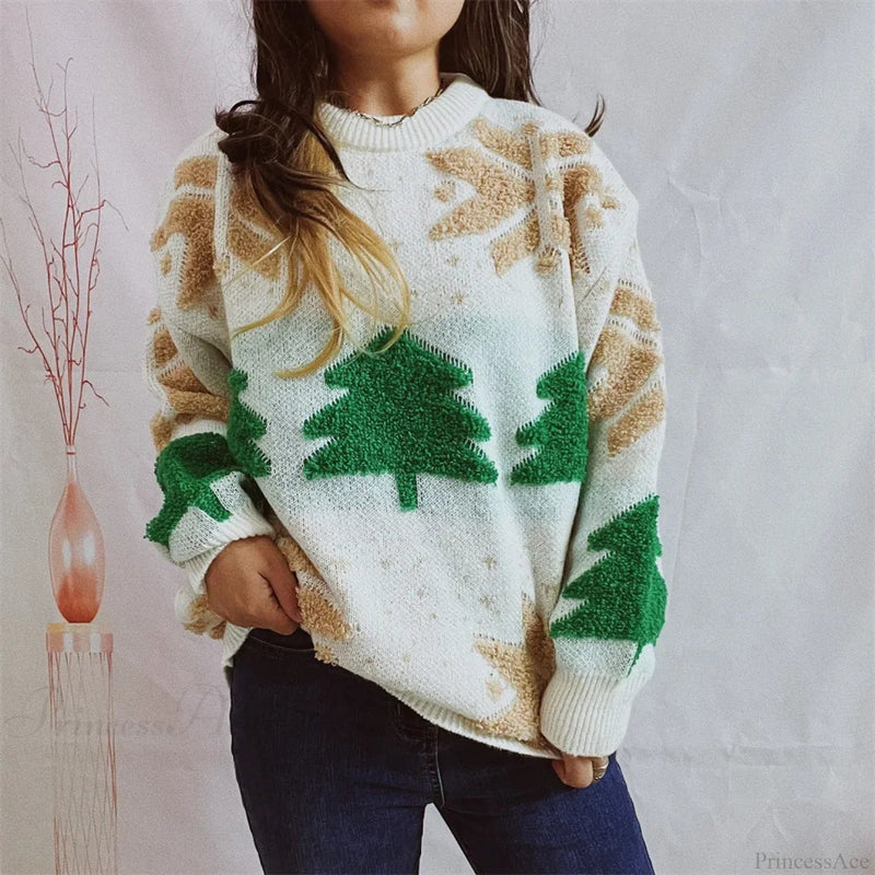 Green Tree Embroidery Knitted Pullover Loose Retro Christmas Sweater
