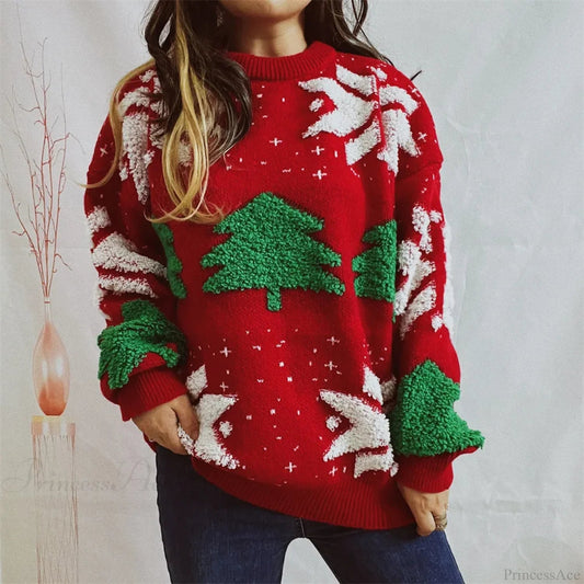 Green Tree Embroidery Knitted Pullover Loose Retro Christmas Sweater