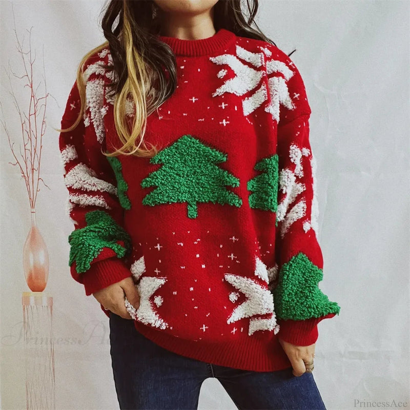 Green Tree Embroidery Knitted Pullover Loose Retro Christmas Sweater