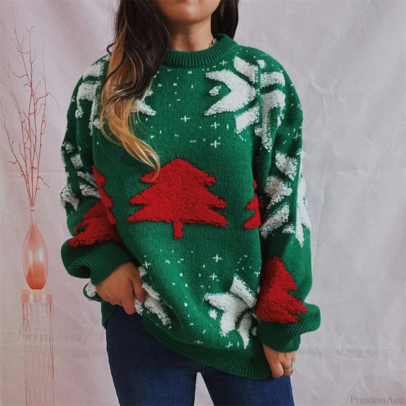 Green Tree Embroidery Knitted Pullover Loose Retro Christmas Sweater