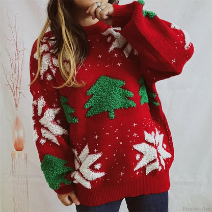 Green Tree Embroidery Knitted Pullover Loose Retro Christmas Sweater