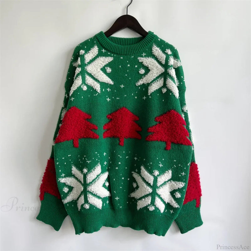 Green Tree Embroidery Knitted Pullover Loose Retro Christmas Sweater