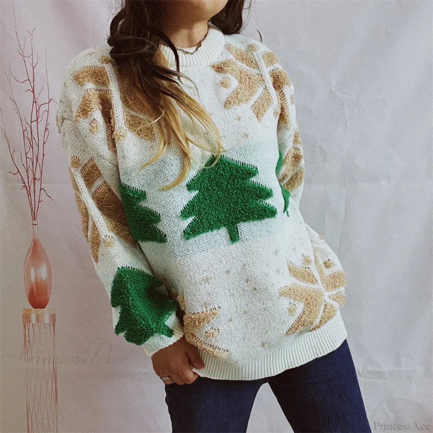 Green Tree Embroidery Knitted Pullover Loose Retro Christmas Sweater