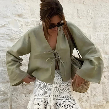 Green Linen Lace-up Long Sleeve V-neck Blouse