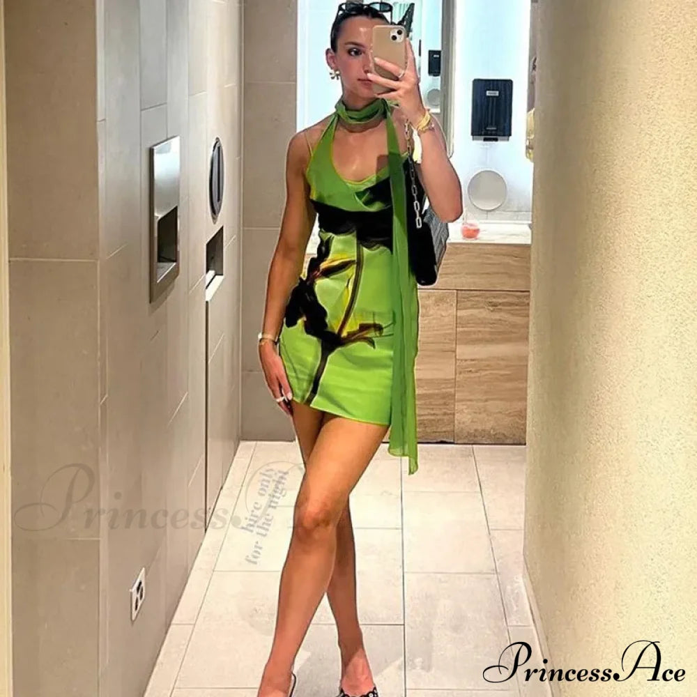 Green Mesh Printed Charming Draped Mini Dress