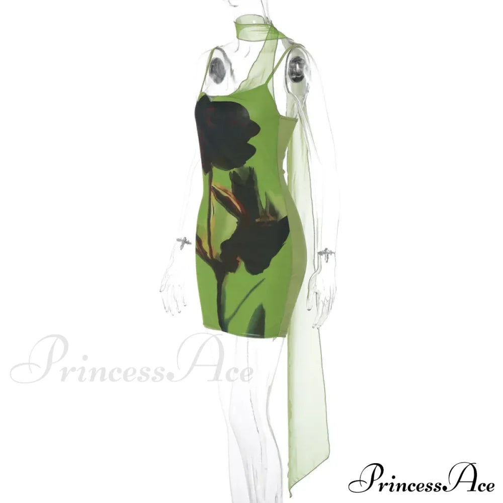 Green Mesh Printed Charming Draped Mini Dress