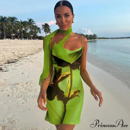 Green Mesh Printed Charming Draped Mini Dress