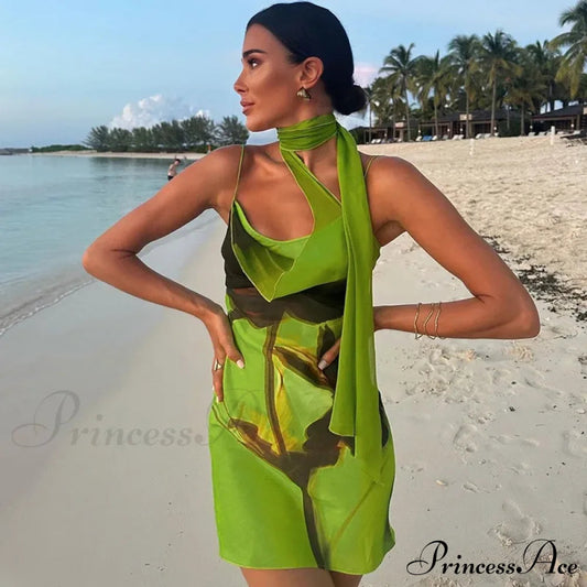 Green Mesh Printed Charming Draped Mini Dress
