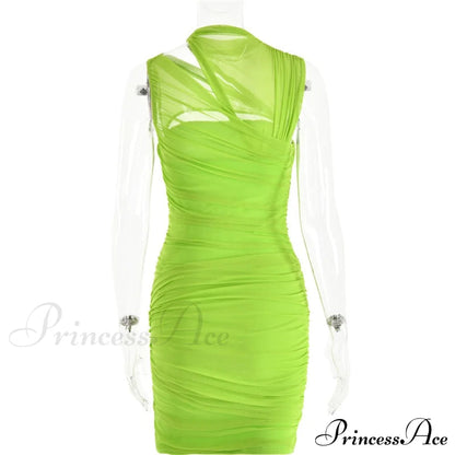 Green Mesh Ruched Neck Cut Out Design Bodycon Mini Dress