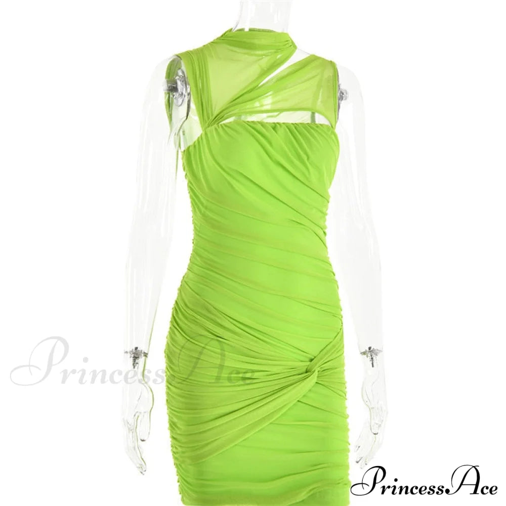 Green Mesh Ruched Neck Cut Out Design Bodycon Mini Dress