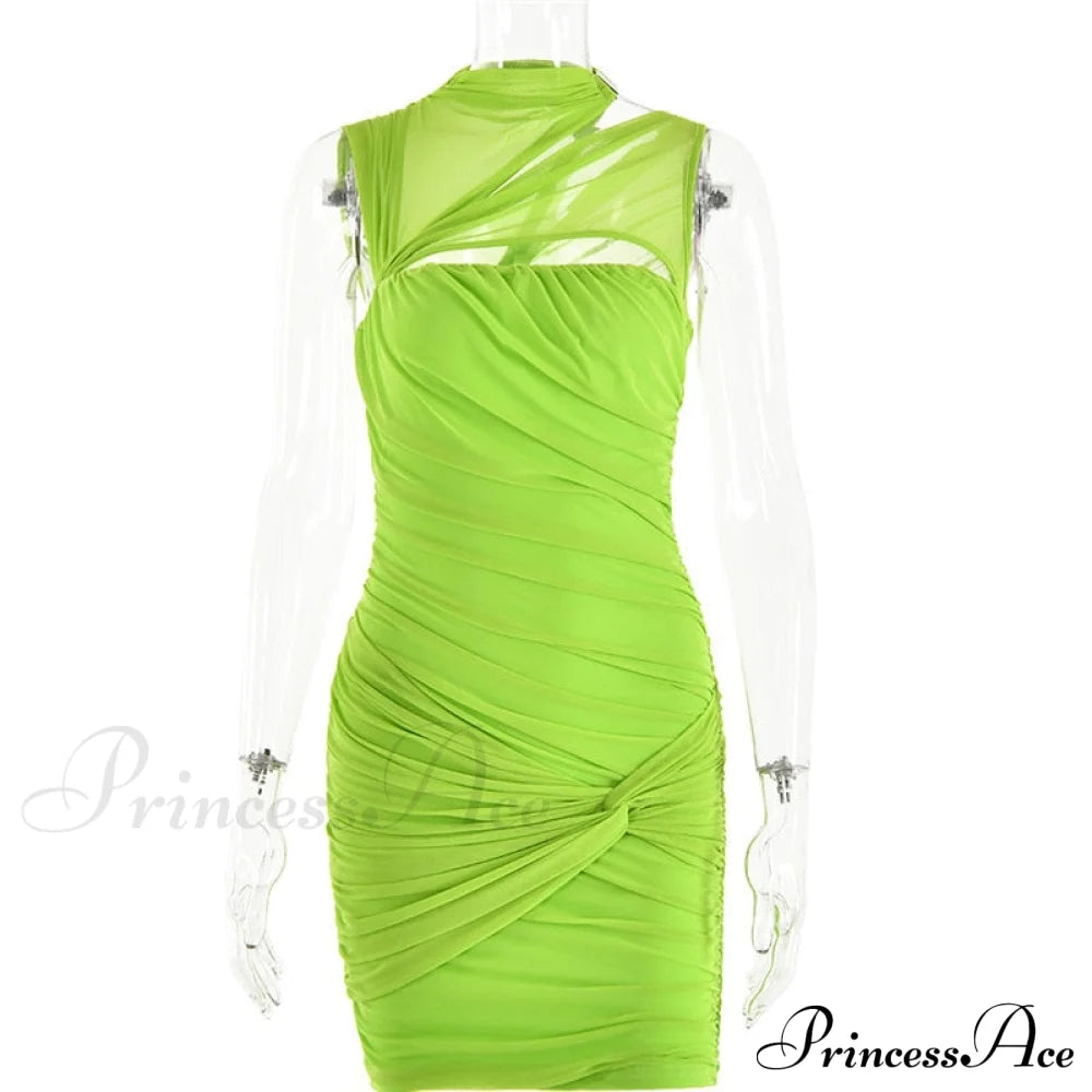 Green Mesh Ruched Neck Cut Out Design Bodycon Mini Dress