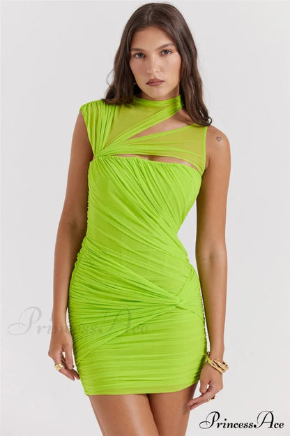 Green Mesh Ruched Neck Cut Out Design Bodycon Mini Dress