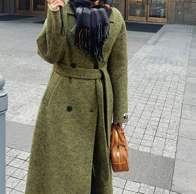 Green Wool Lapel Double-breasted Overcoat