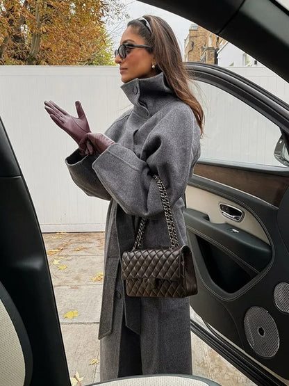 Grey High Collar Long Woolen Coat