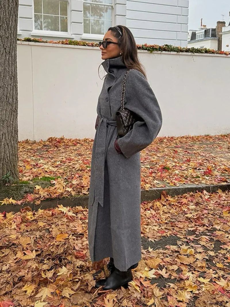 Grey High Collar Long Woolen Coat
