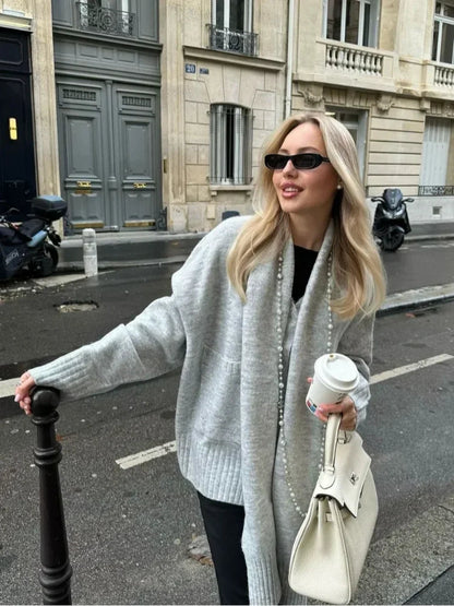 Grey Scarf Collar Loose Cashmere Cardigan