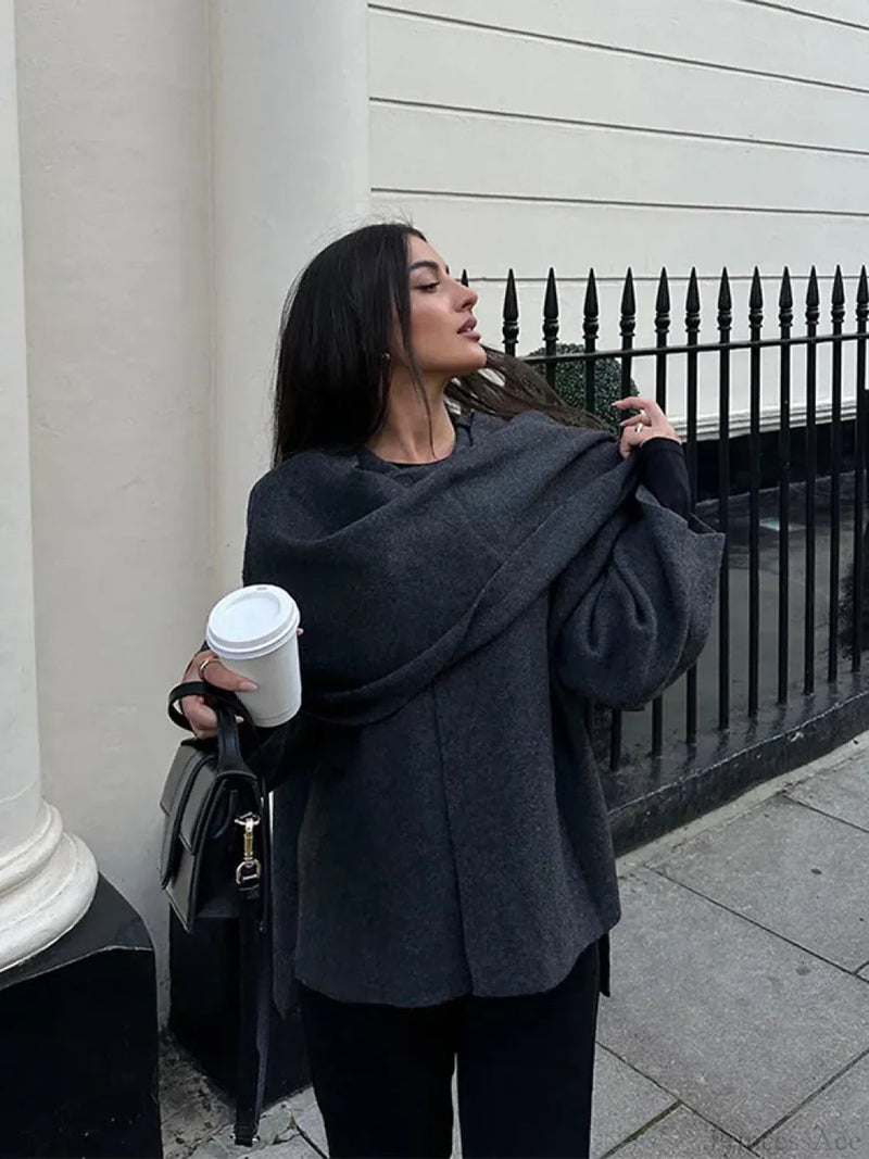 Grey Scarf Collar Woolen Coat