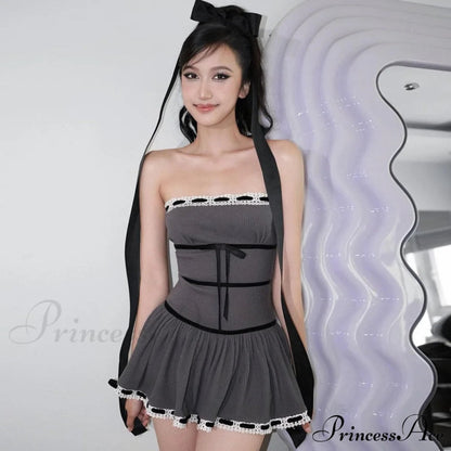 Grey Tube Lace Charming Strap Mini Dress