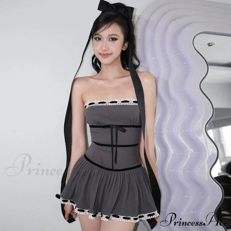 Grey Tube Lace Charming Strap Mini Dress