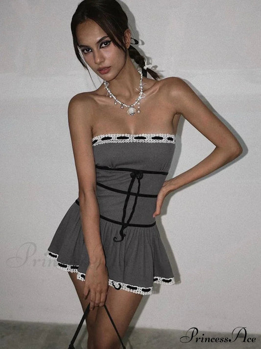 Grey Tube Lace Charming Strap Mini Dress