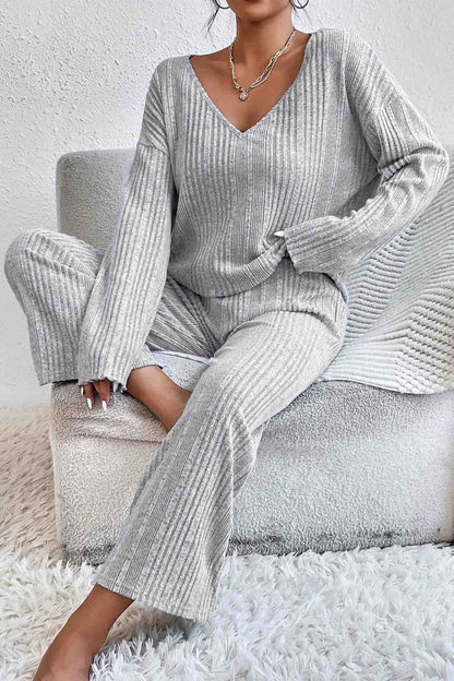 V Neck Ribbed Long Sleeve Two-piece Set