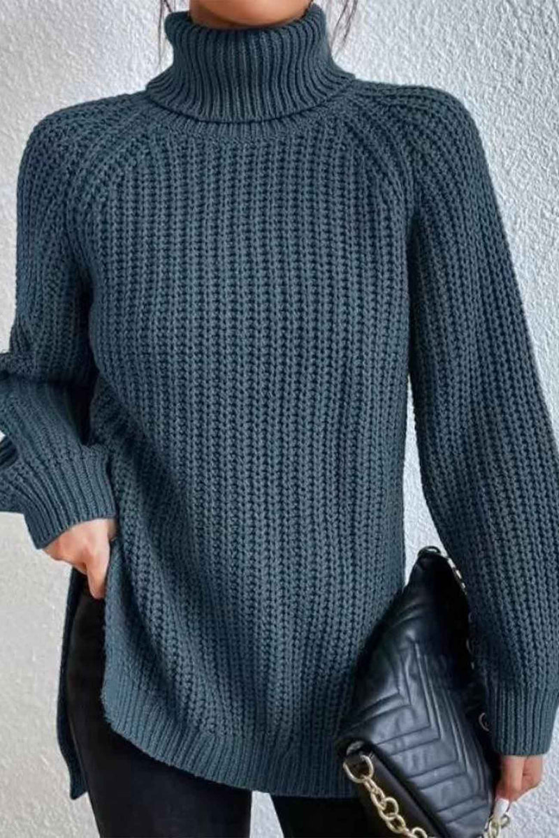 Raglan Sleeve Turtleneck Slit Mid-length Sweater