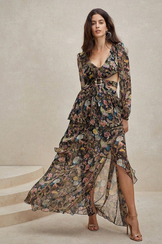 Griselda Printed Cut-out Chiffon Maxi Dress