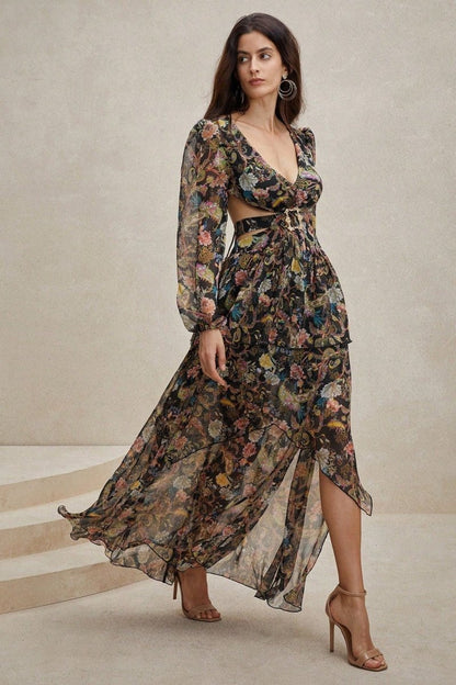 Griselda Printed Cut-out Chiffon Maxi Dress