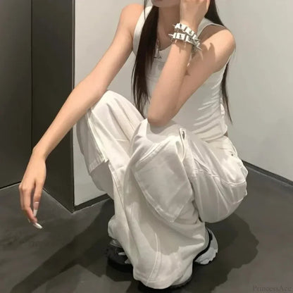 Gyaru White Cargo Jeans Wide Leg Pants