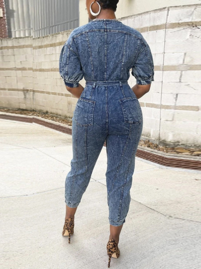 Zipper Bandage Design Denim Jumpsuit At9058