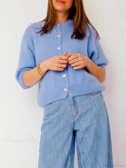 Half Sleeve O Neck Button-up Knit Cardigan