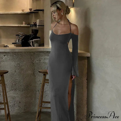 Halter Backless Es Sleeve Club Party Split Es Clothes Maxi Dress