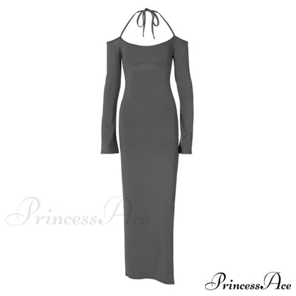 Halter Backless Es Sleeve Club Party Split Es Clothes Maxi Dress
