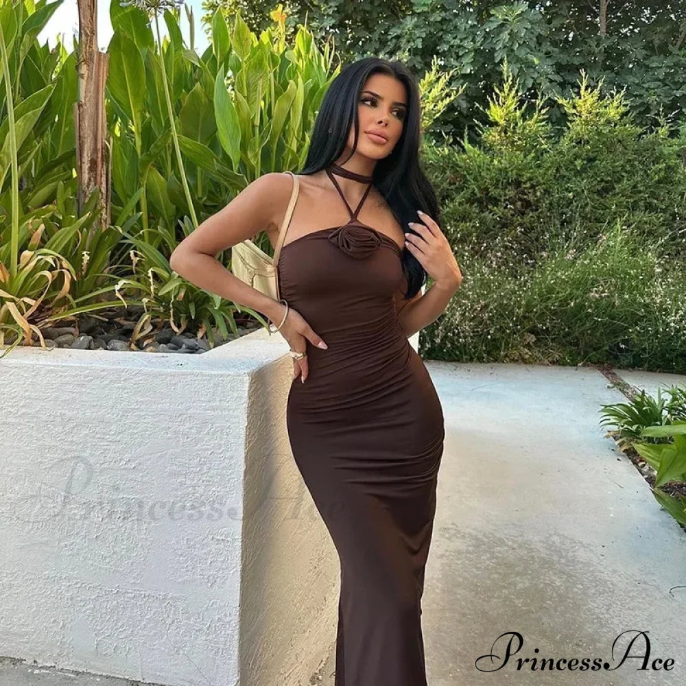 Halter Backless Applique Gown Midi Dress