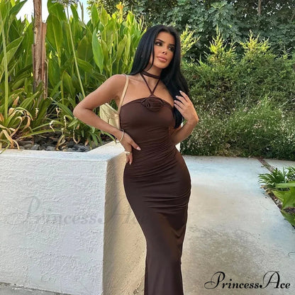 Halter Backless Applique Gown Midi Dress
