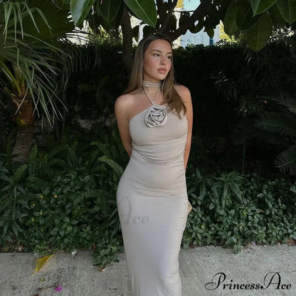 Halter Backless Applique Gown Midi Dress