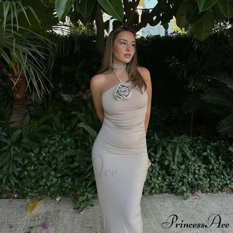 Halter Backless Applique Gown Midi Dress