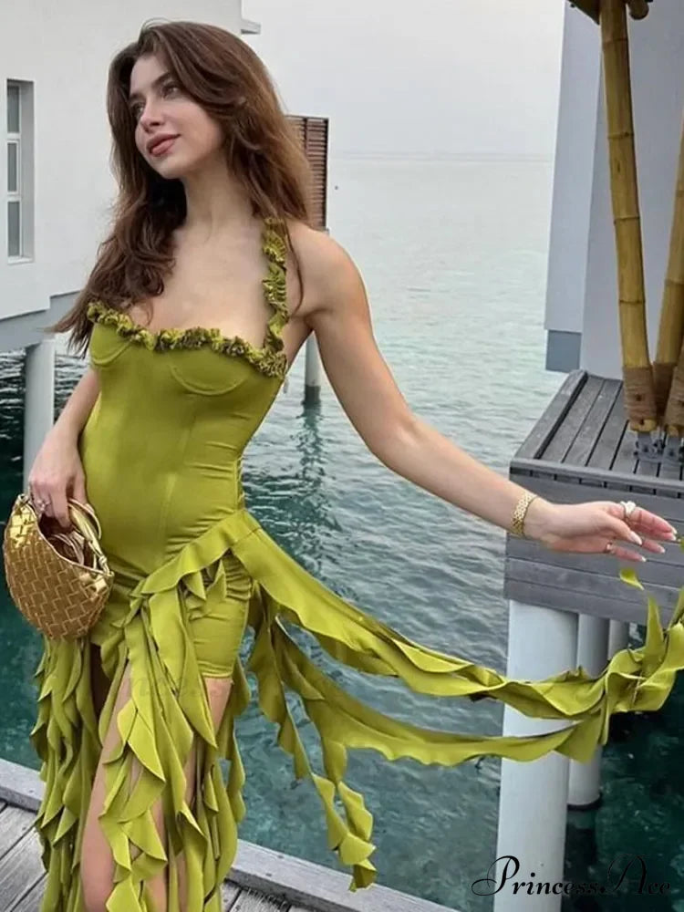 Halter Fringe Stylish Midi Dress