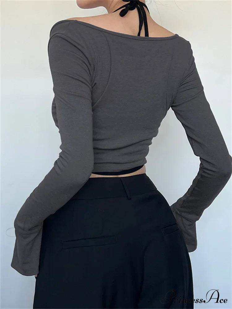 Halter Tie-upoff Shoulder Patchwork Long Sleeve Slim Fit T-shirts