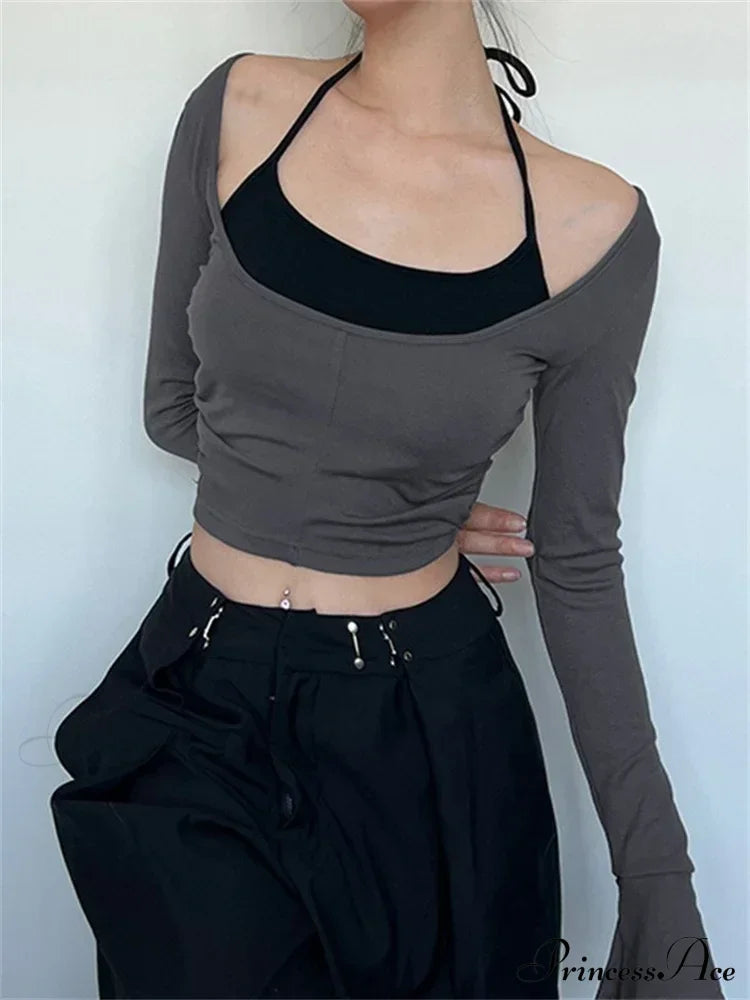 Halter Tie-upoff Shoulder Patchwork Long Sleeve Slim Fit T-shirts