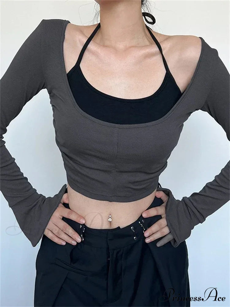 Halter Tie-upoff Shoulder Patchwork Long Sleeve Slim Fit T-shirts