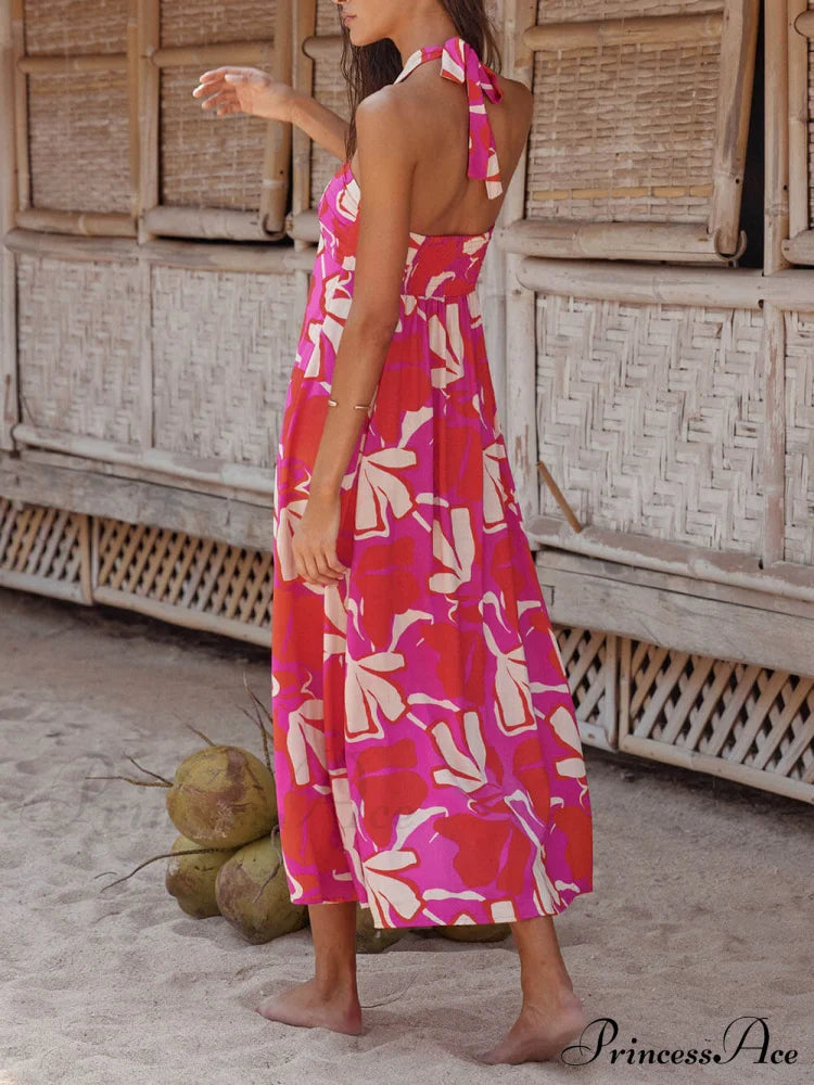 Halterneck Print Berry Charming Lotus Midi Dress