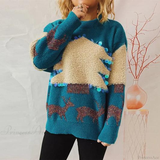 Handmade Sequins Christmas Tree Little Deer Jacquard Thickened Crew Neck Christmas Sweater