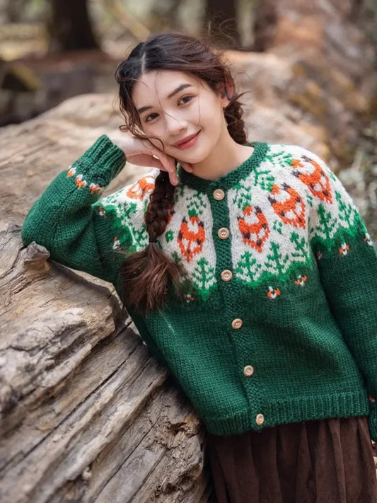 Handmade Thick Warm Fair Isle Nordic Green Cardigans Christmas Sweater