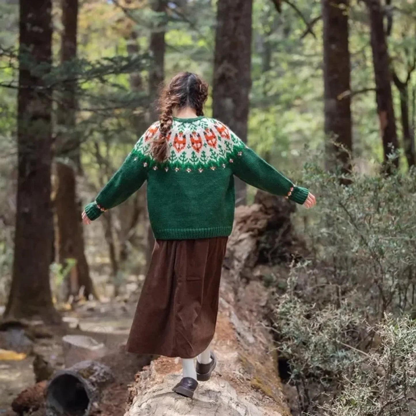 Handmade Thick Warm Fair Isle Nordic Green Cardigans Christmas Sweater
