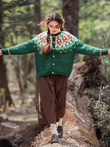 Handmade Thick Warm Fair Isle Nordic Green Cardigans Christmas Sweater