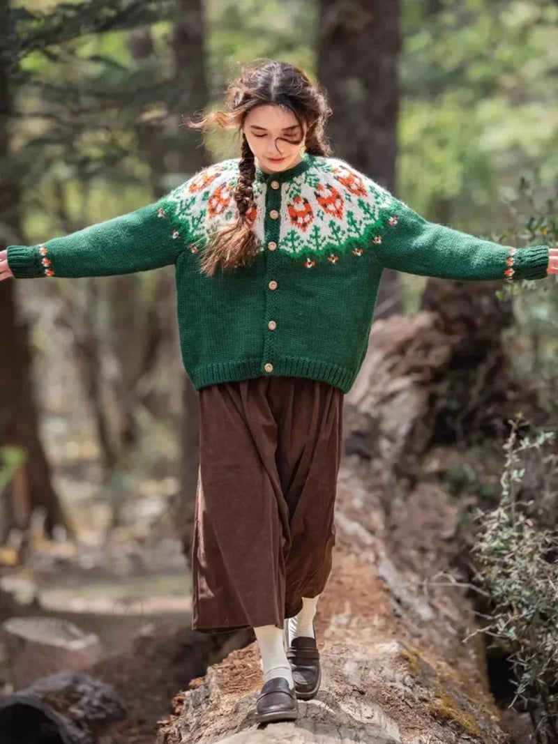 Handmade Thick Warm Fair Isle Nordic Green Cardigans Christmas Sweater