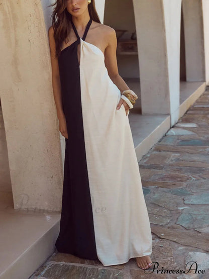 Hanging Neck Bold Contrast Color Halter Pocketed A-line Maxi Dress