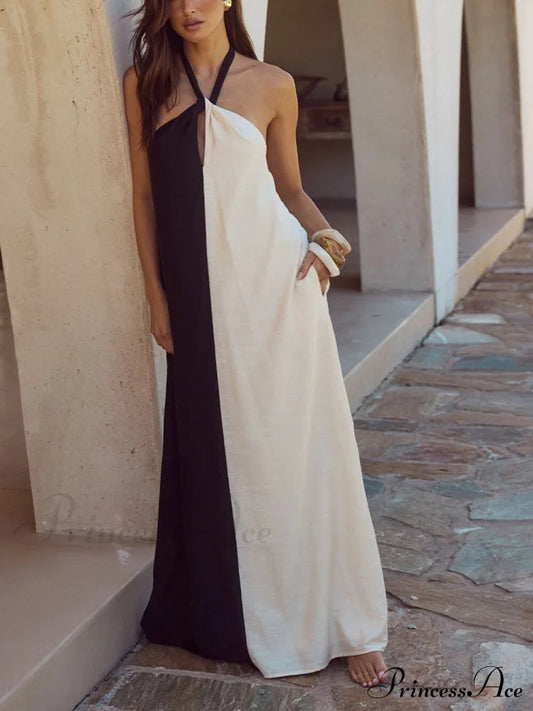 Hanging Neck Bold Contrast Color Halter Pocketed A-line Maxi Dress