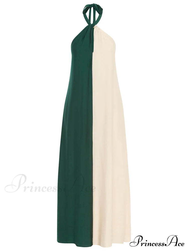 Hanging Neck Bold Contrast Color Halter Pocketed A-line Maxi Dress